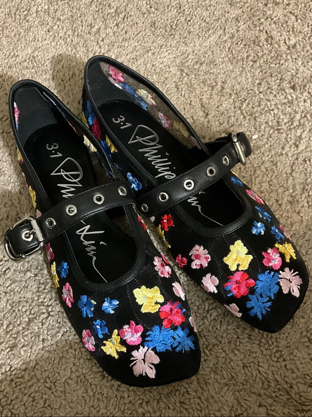 3.1 Phillip Lim Black Floral Embroidered Mesh Mary Jane Flats